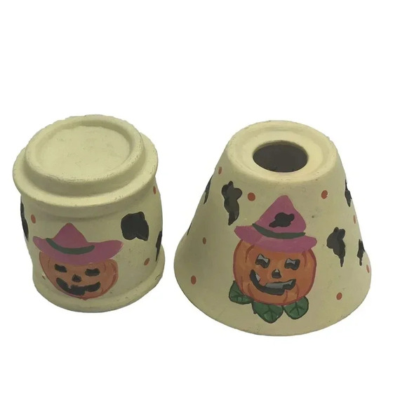 Halloween Handmade 2 Jack O’Lantern Candle   Holder  Ceramic Vintage 4” - Picture 1 of 14